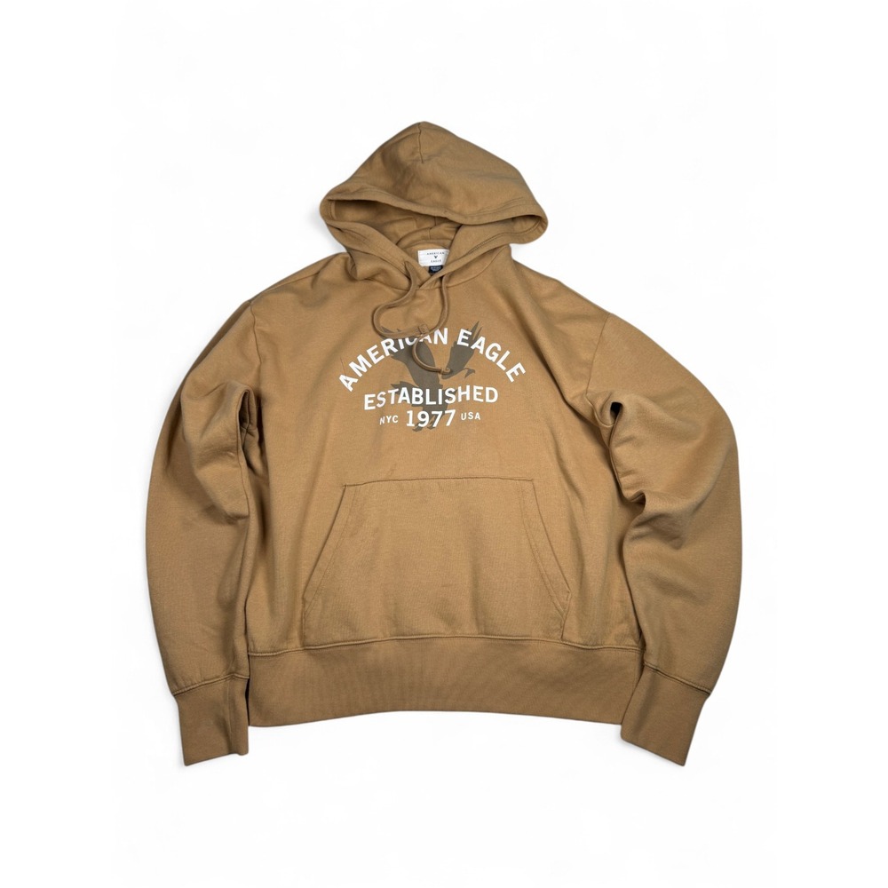 American Eagle Mens Graphic Hoodie Tan Established 1977 Eagle Logo XS Pullover